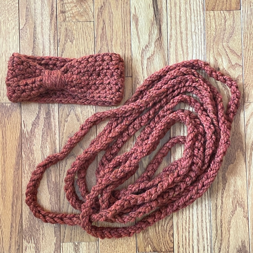 Chunky Knit Headband and Scarf Set - Rust/Cinnamon